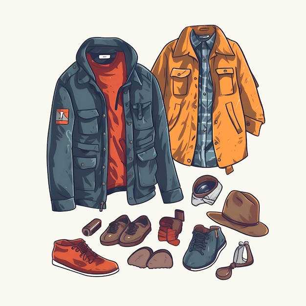 PSD conjunto de ilustração de roupas e acessórios de inverno em estilo de desenho