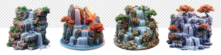 PSD conjunto de ilustrações 3d de ícones de cenários de cachoeiras exóticas