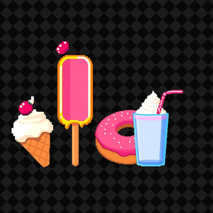PSD conjunto de itens: cone de gelado, bolinha, donut, milk-shake, cone de sorvete de baunilha, com uma cereja no t.