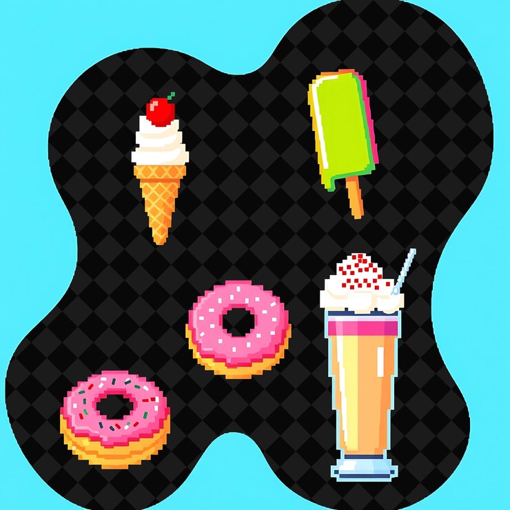 PSD conjunto de itens: cone de gelado, bolinha, donut, milk-shake, cone de sorvete de baunilha, com uma cereja no t.