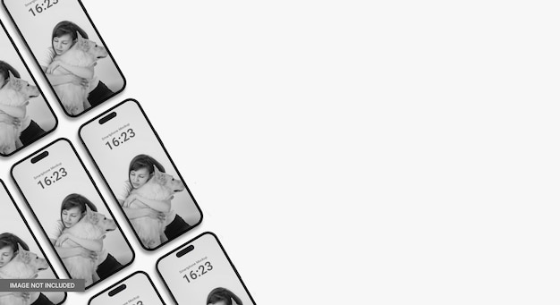 conjunto de maquete de tela de dispositivo diagonal de smartphone 14 pro com espaço em branco à direita Celular