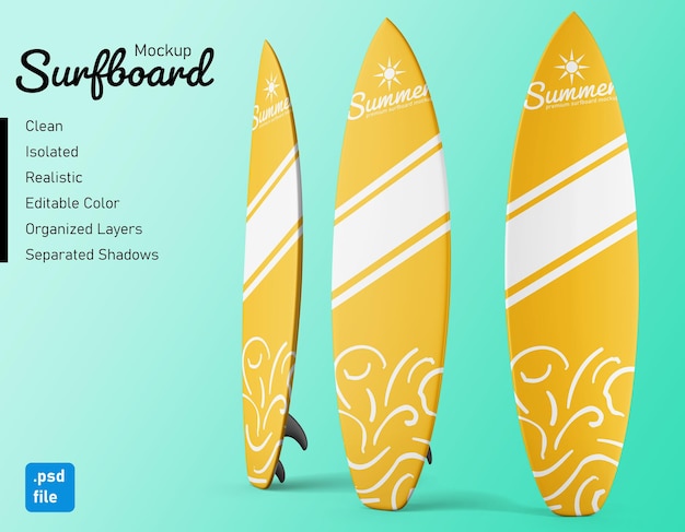 conjunto de maquete realista de prancha de surfe personalizada de três pontos