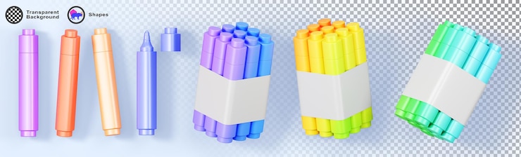 PSD conjunto de marcadores coloridos 3d ou canetas de ponta de feltro com etiqueta de fita adesiva de papel branco render highlighters arco-íris para esboço e desenho em caixa de embalagem material de escritório ou escolar isolado