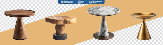 Conjunto de mesas redondas compactas em metal, ouro, mármore e madeira com desenhos modernos e rústicos para D
