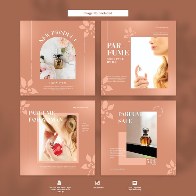 PSD conjunto de modelos de post do instagram para perfume feminino design elegante minimalista