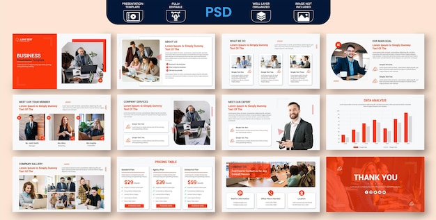 PSD conjunto de modelos de slides de apresentação de powerpoint de negócios modernos criativos