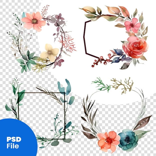 PSD conjunto de molduras florais de aquarela elementos de design desenhados à mão perfeitos para convites cartões de saudação blogs cartazes modelo psd