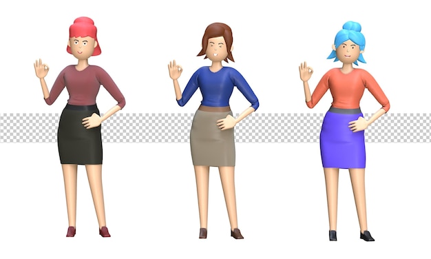 Conjunto de mulher de negócios mostrando gesto ok legal polegar para cima aprovação pose ilustração 3d