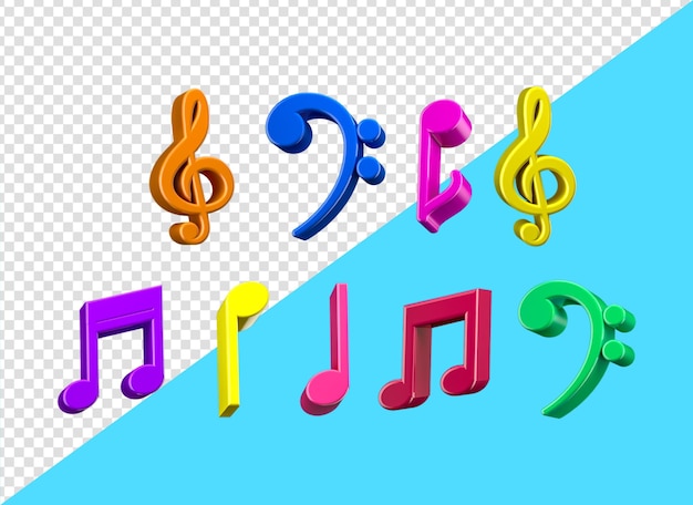 Conjunto de notas musicais coloridas isoladas em fundo branco. renderização 3d