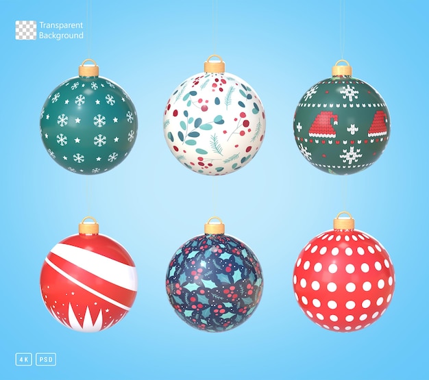 Conjunto de Ornamentos de Bola de Natal Coloridos em 3D