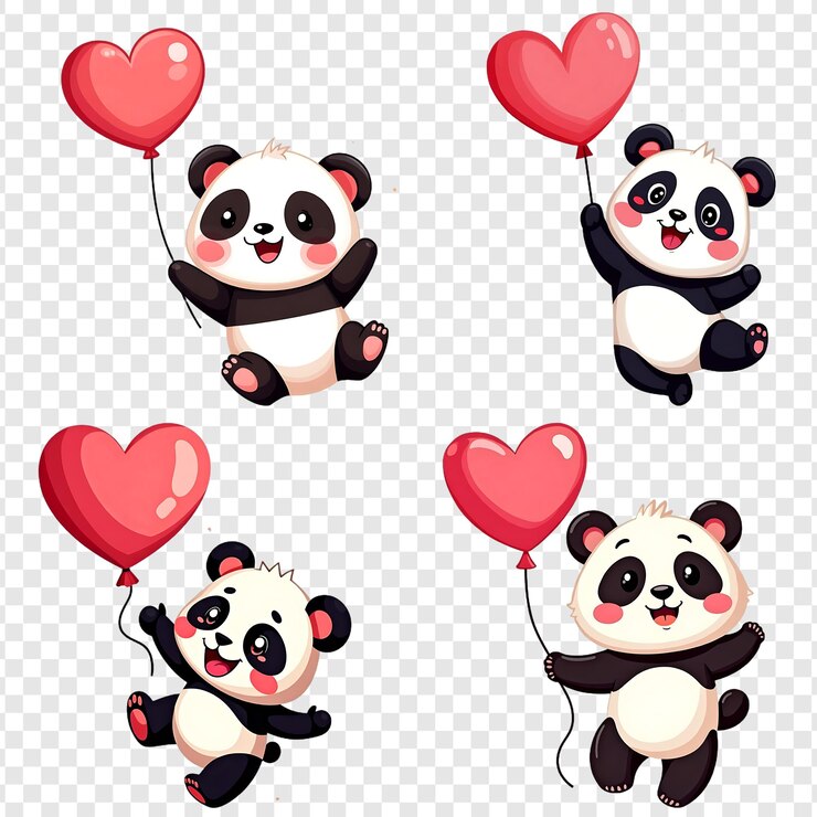 PSD conjunto de pandas bonitos com balões em forma de coração isolados em fundo transparente