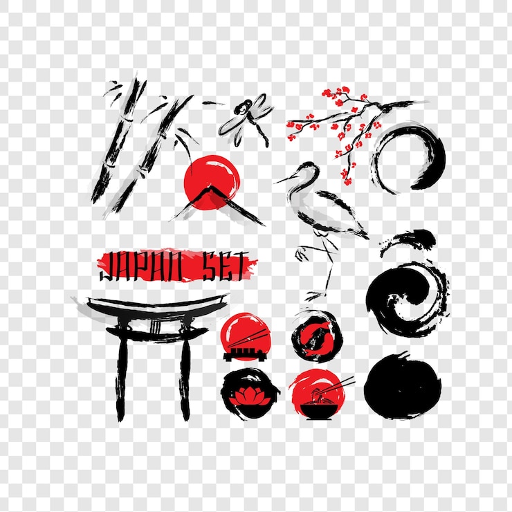 PSD conjunto de pintura japonesa com pincel de tinta