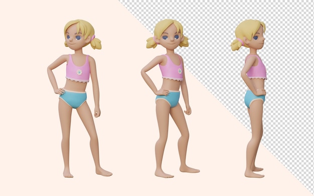 PSD conjunto de posturas de menina com renderização 3d