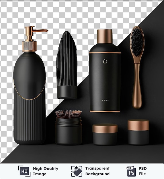 PSD conjunto de produtos de cuidados com o cabelo e estilo de luxo exibido contra uma parede preta com uma escova prateada e uma garrafa preta