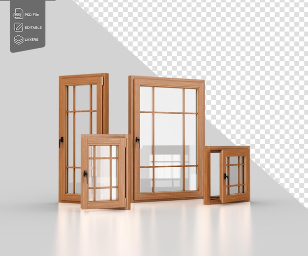Conjunto de quatro janelas de estrutura de madeira de diferentes tamanhos com múltiplos painéis de vidro Ilustração 3D