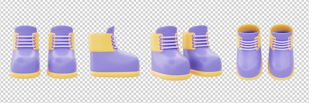 Conjunto de renderização 3d de sapatos roxos