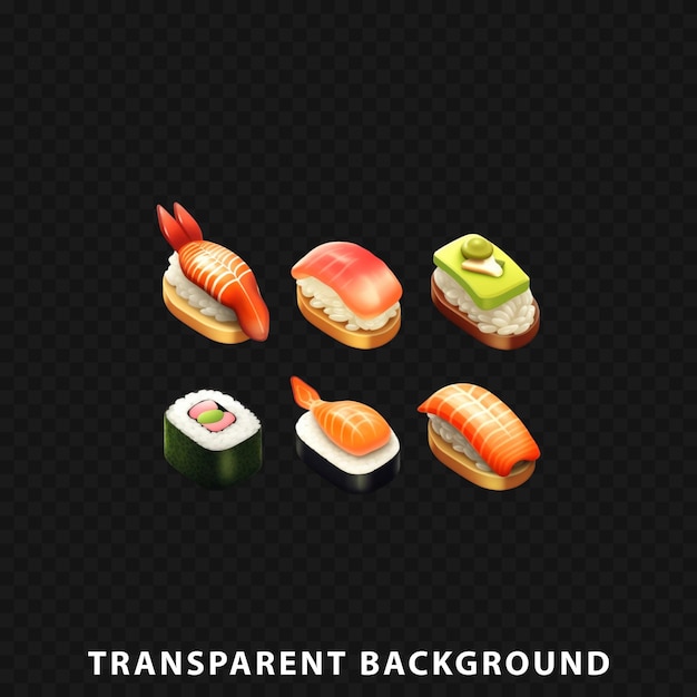 Conjunto de renderização 3d de sushi isolado em fundo transparente