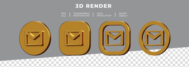 Conjunto de renderização 3d do logotipo dourado do gmail isolado