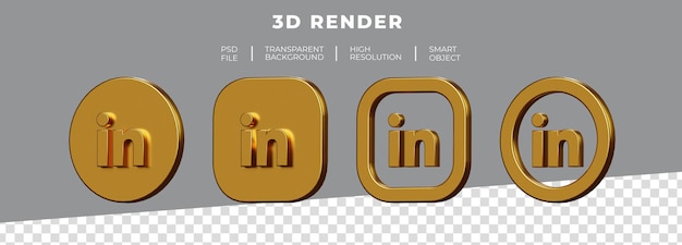 Conjunto de renderização 3d do logotipo dourado do linkedin isolado