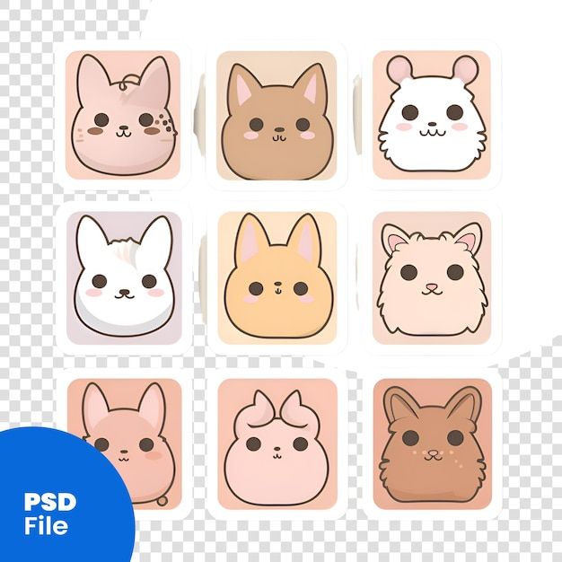 PSD conjunto de rostos de animais fofos em cores pastel. ilustração vetorial. modelo psd