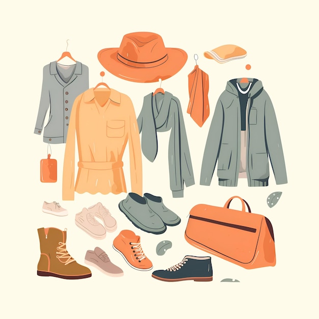 Conjunto de roupas e acessórios ilustração em um estilo plano
