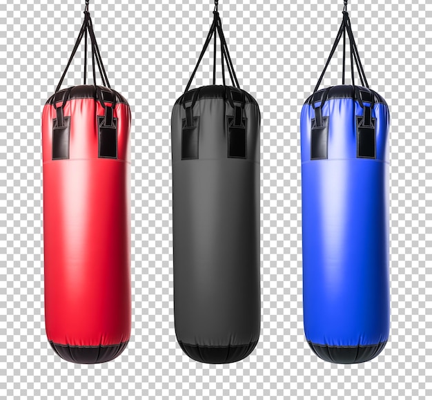 Conjunto de sacos de boxe de cores diferentes isolados em fundo transparente