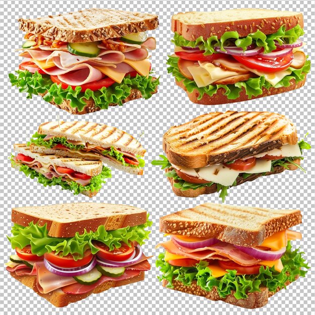 Conjunto de sanduíches psd com presunto e vegetais em fundo transparente