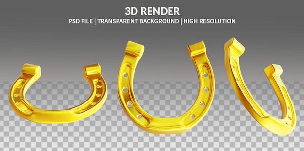 Conjunto de símbolo de boa sorte, renderização 3d de ferradura dourada