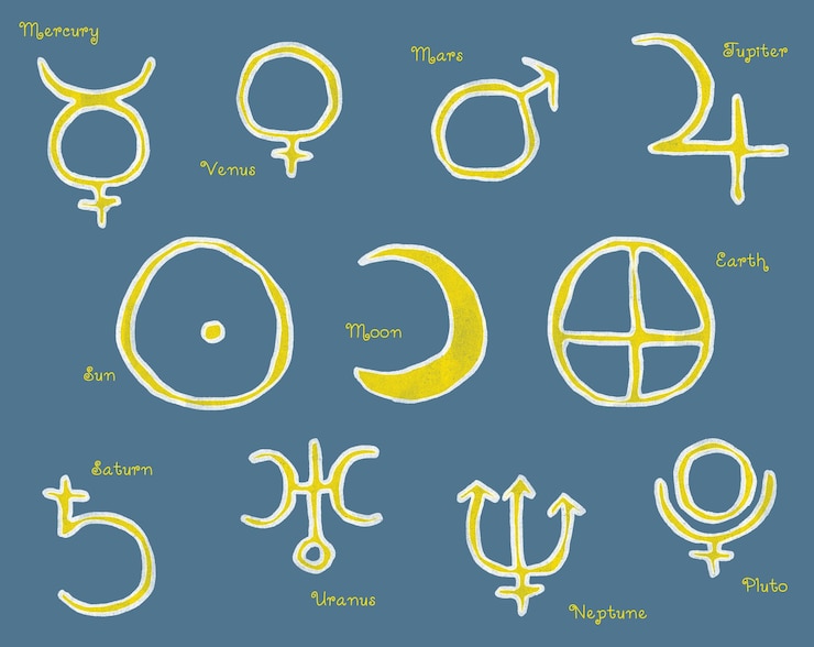 PSD conjunto de símbolos astrológicos isolados desenhados à mão dos planetas imitando desenhos de crianças com lápis de cor.