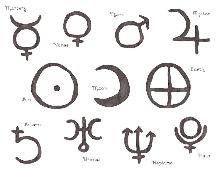 PSD conjunto de símbolos astrológicos isolados desenhados à mão dos planetas imitando um desenho de criança com cinza