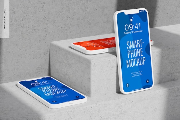 Conjunto de smartphone com maquete de fundo de concreto, inclinada