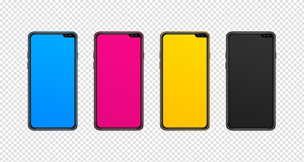 Conjunto de smartphones CMYK isolado na renderização 3D de fundo transparente