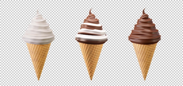 Conjunto de sorvete de sorvete na ilustração 3d de cone de bolacha