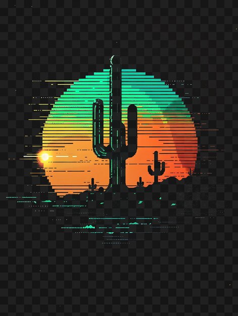 PSD conjunto de spiky cactus 8 bit pixel com paisagens do deserto e pôr-do-sol game asset art design concept