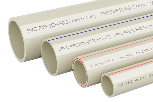 Conjunto de tubos de PVC tubos compostos tubos uPVC tubos cPVC tubos renderização 3D isolados em fundo transparente