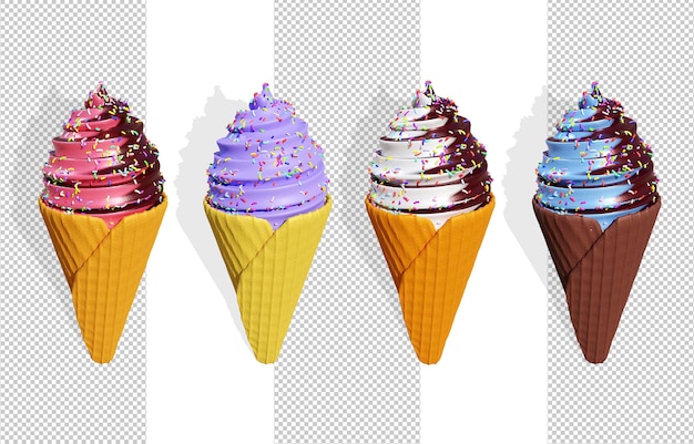 Conjunto de várias colheres de sorvete em renderização 3d de cones de waffle.