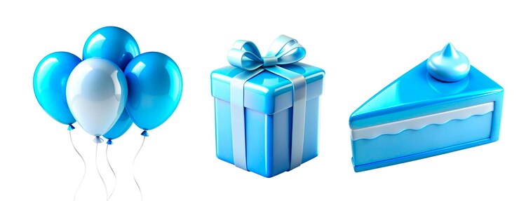 Conjunto de decoraciones 3D azules para el cumpleaños de un niño aisladas en un fondo transparente Iconos de vacaciones tridimensionales de plástico de juguete para una fiesta infantil Bolones caja de regalos pastel