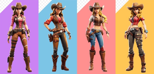 PSD conjunto de dibujos animados cowboy girl disfraz femenino cowboy