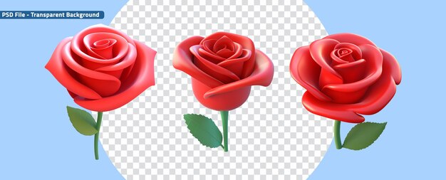 Conjunto de dibujos animados renderizados en 3d de capullos de rosas rojas