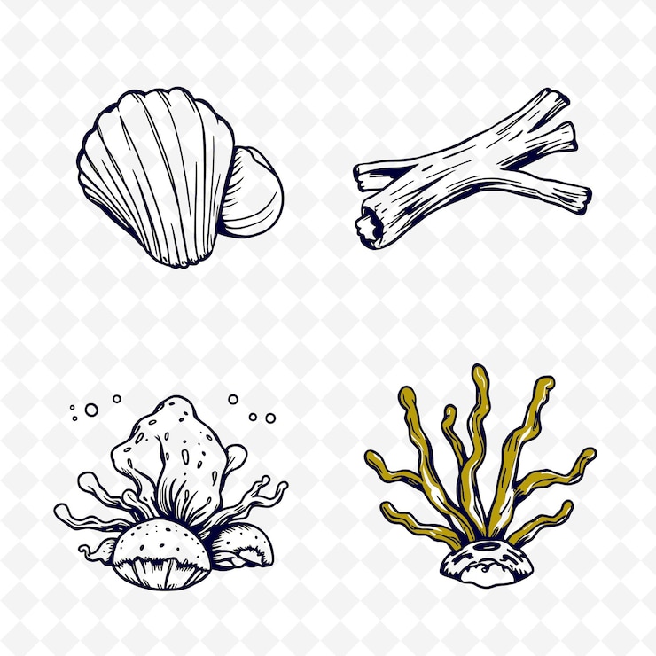 PSD un conjunto de dibujos de criaturas marinas y un pez