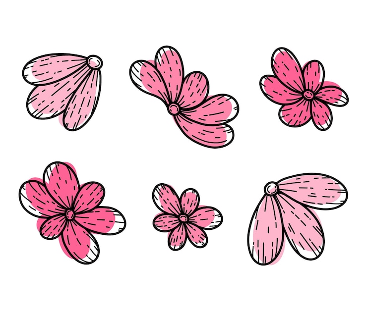 PSD conjunto de dibujos de líneas rasterizadas de flores dibujadas a mano con manchas rosadas