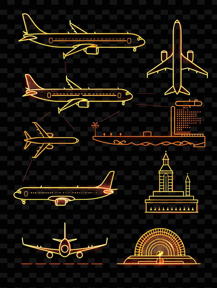 PSD un conjunto de diferentes aviones y una torre con una estrella en la parte superior