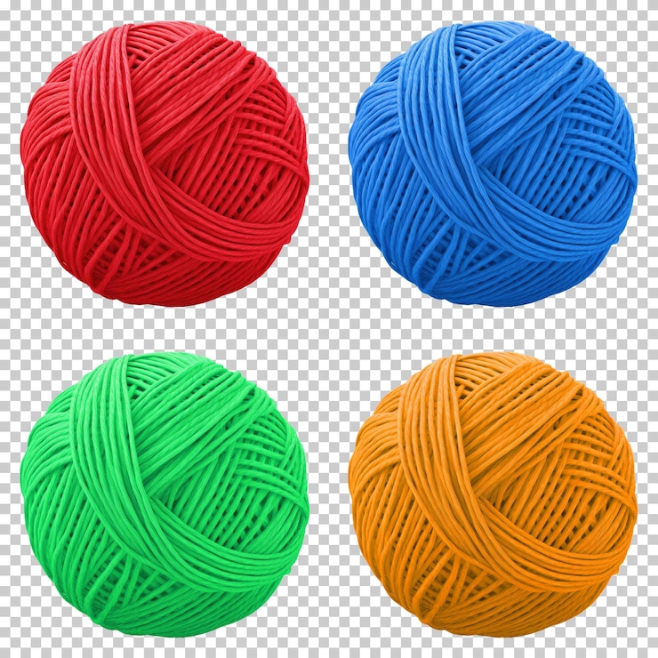 PSD conjunto de diferentes colores de bolas de hilo aislado sobre fondo transparente