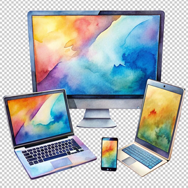 PSD conjunto de diferentes dispositivos informáticos acuarela mano en fondo transparente