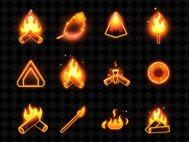 PSD un conjunto de diferentes logotipos de fuego y un letrero que dice "fuego"