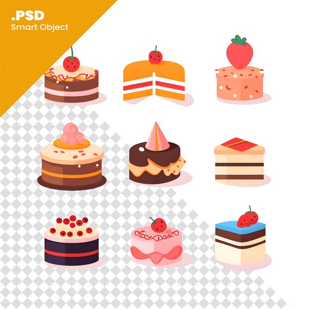 PSD conjunto de diferentes pasteles dulces. ilustración vectorial en estilo plano. plantilla psd