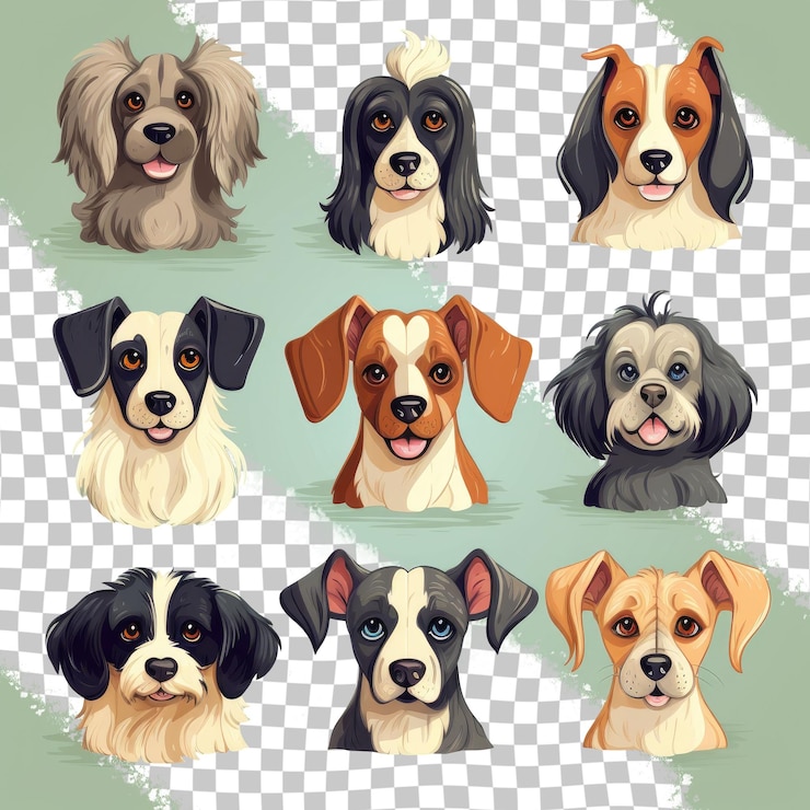 PSD un conjunto de diferentes razas de perros en un transparente