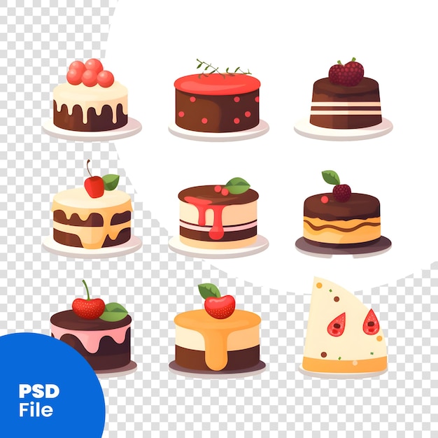 PSD conjunto de diferentes tipos de pasteles ilustración vectorial en estilo de dibujos animados plantilla psd