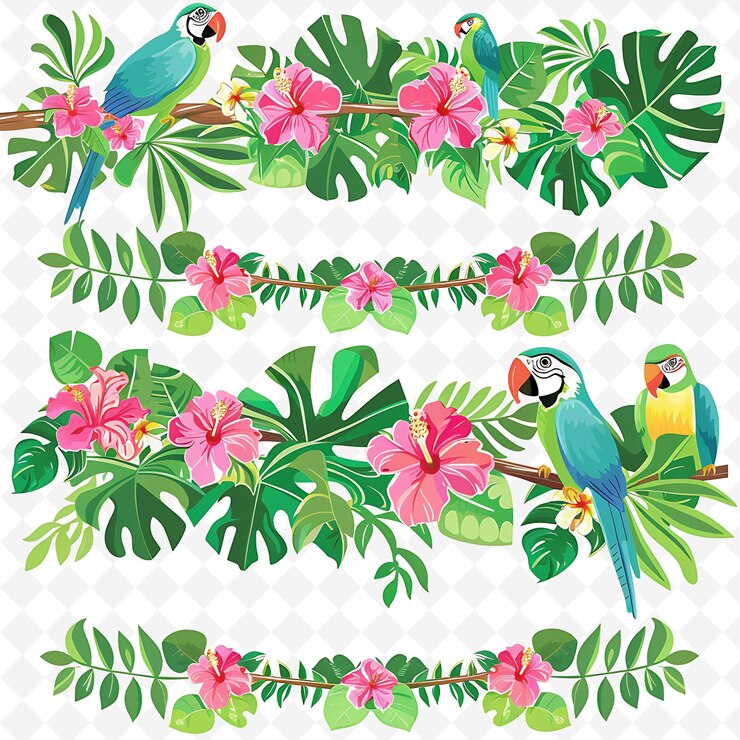 PSD un conjunto de diseños florales que incluyen loros, flores y pájaros