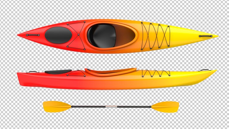 Conjunto de dos vistas de kayak de plástico rojo y amarillo.